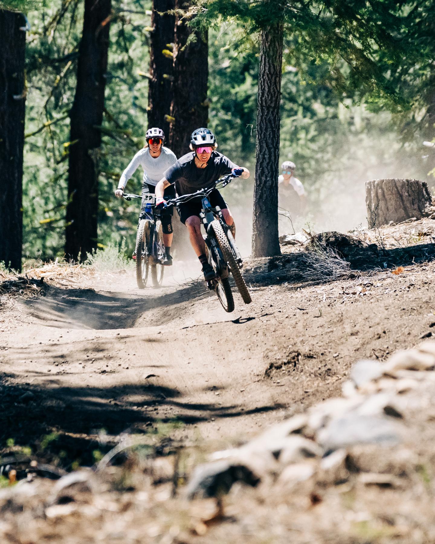Mountain bikers riding through a forest trail.