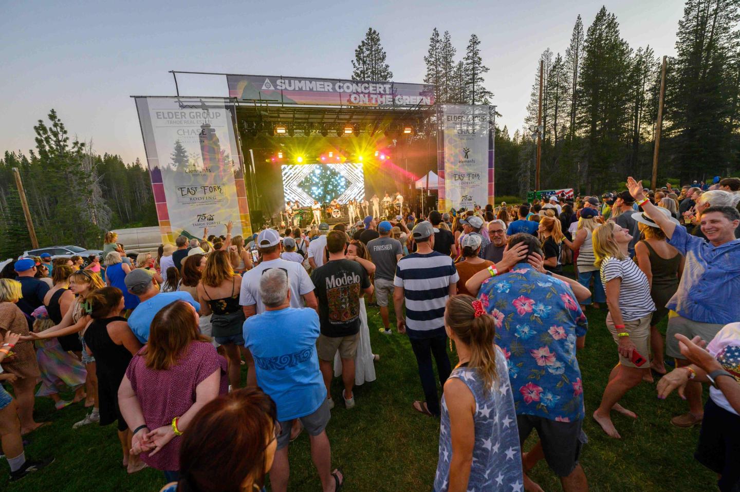 Outdoor concert with a crowd, stage, and colorful lights. Tall trees in the background.