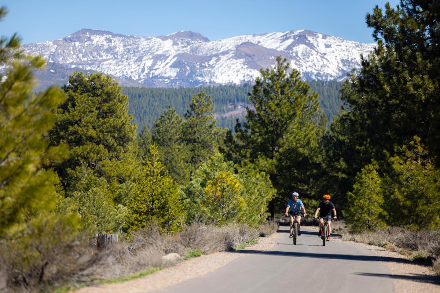 Two cyclists on a forest path with snowy mountains in the background.