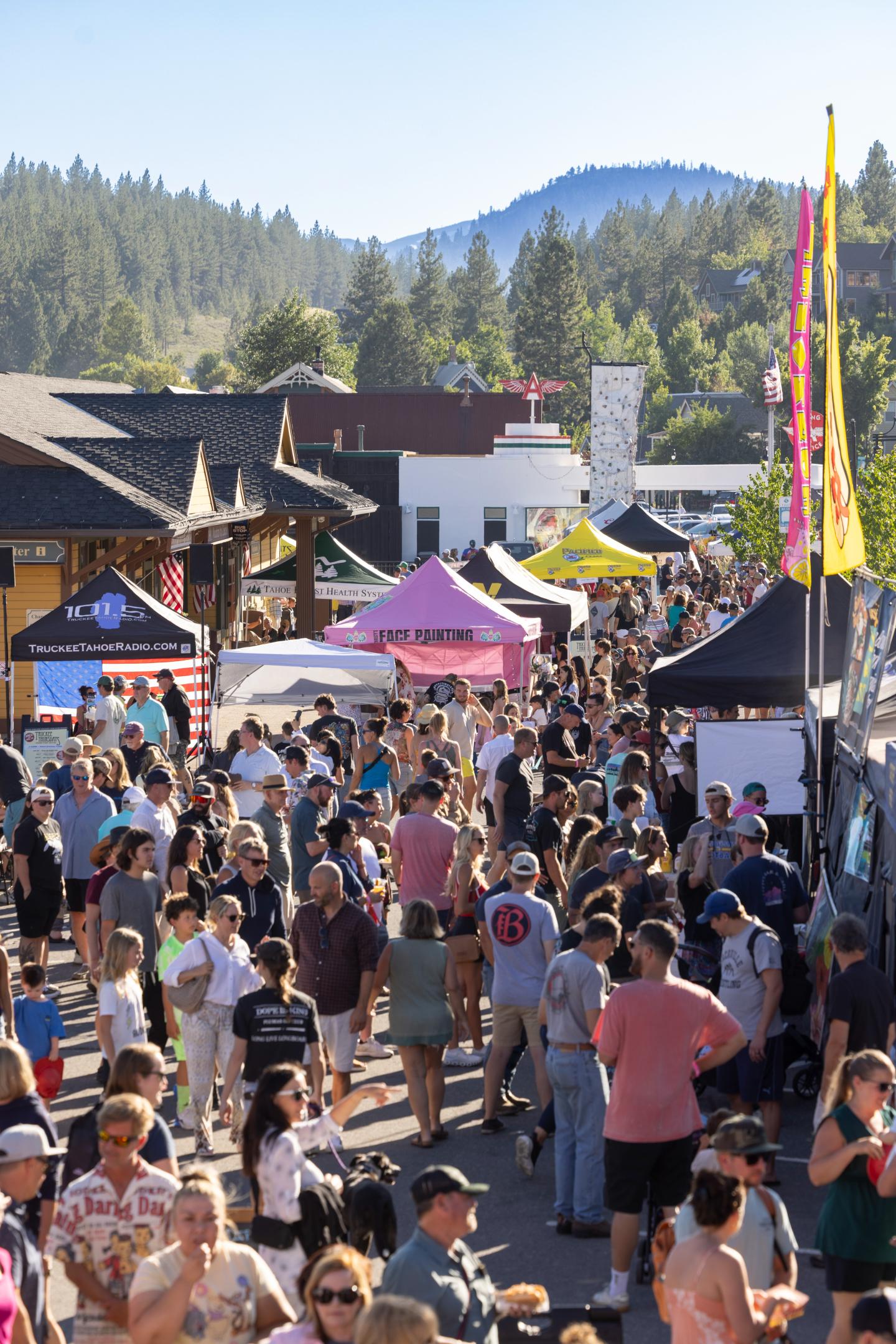 Crowded outdoor market with colorful tents and distant mountains.