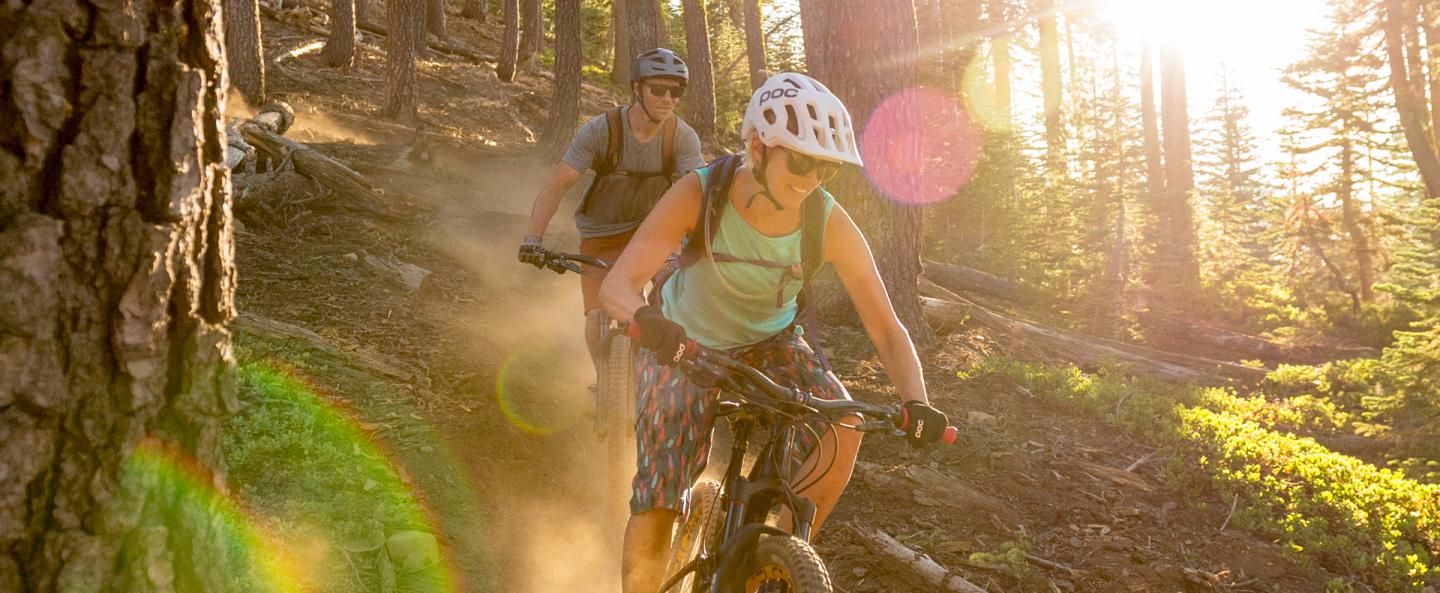 Mountain bikers ride downhill in a sunlit forest.