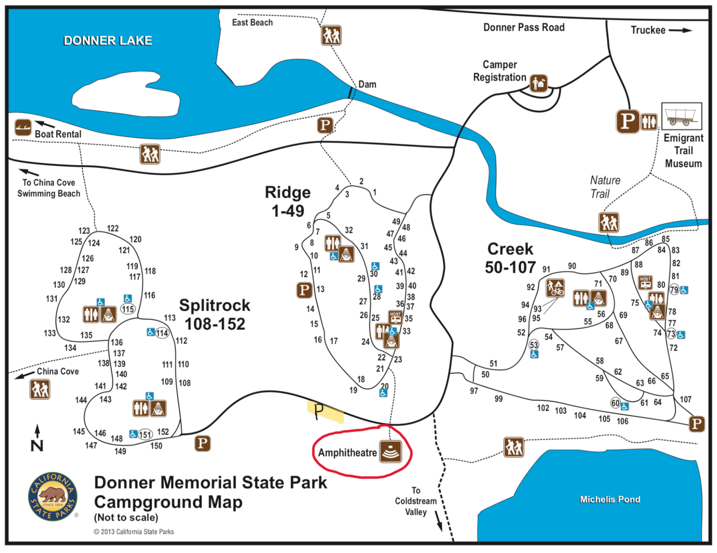 Campground map with sections Ridge, Splitrock, Creek, and Emerald Ridge circled.
