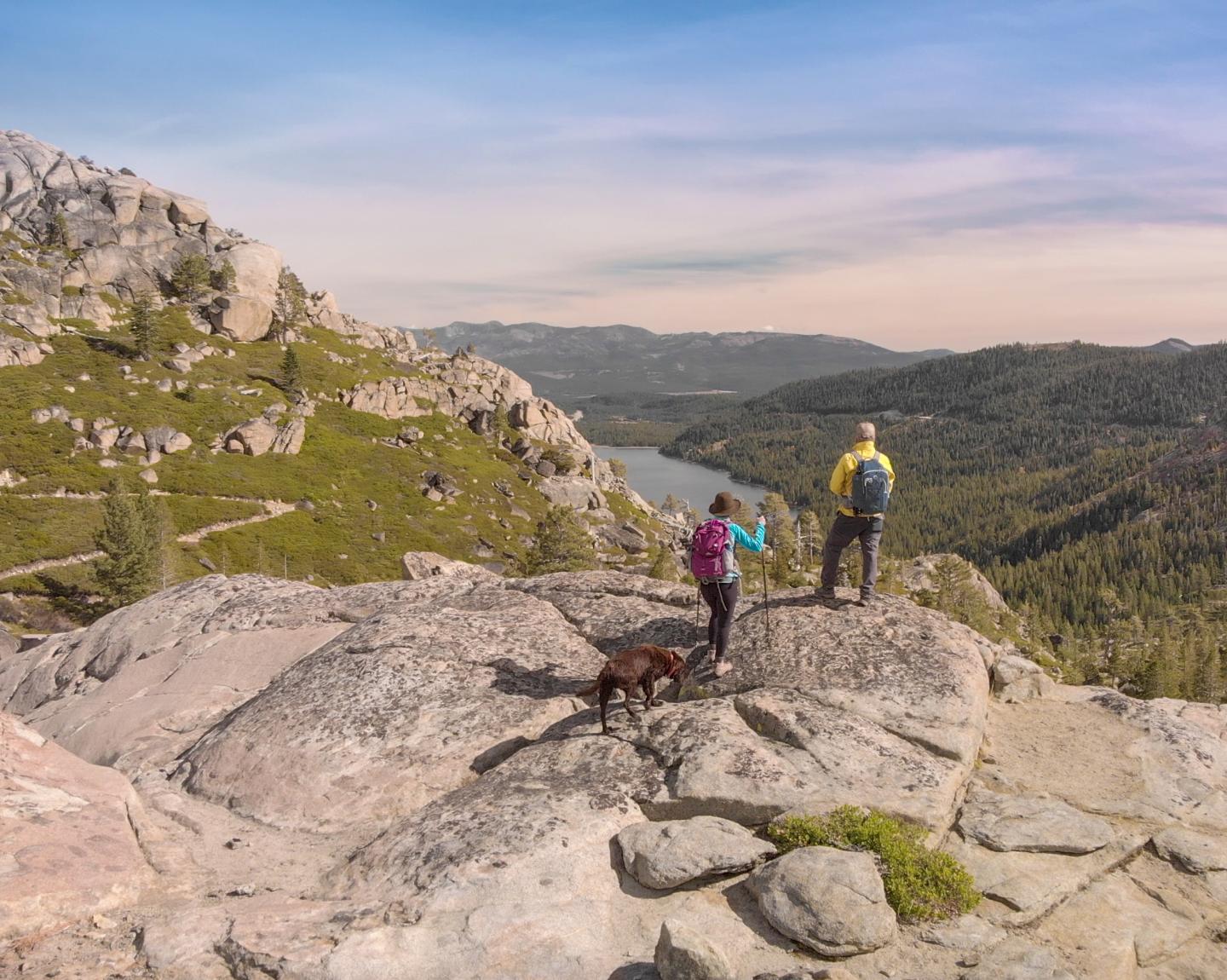 Two hikers and a dog on a rocky hill with a scenic mountain view.