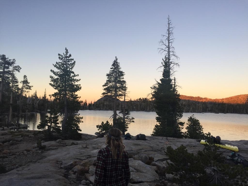 A person stands by a tranquil lake at sunset, surrounded by trees.