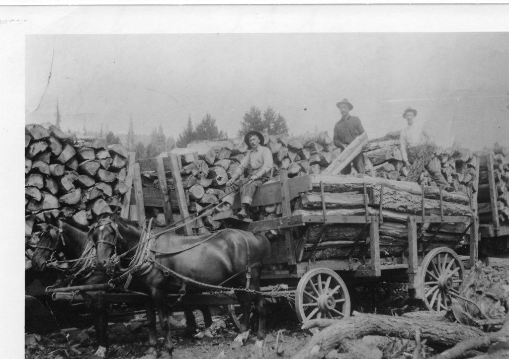 Horse-drawn carriage loaded with logs and three people sitting on top. Black and white photograph.