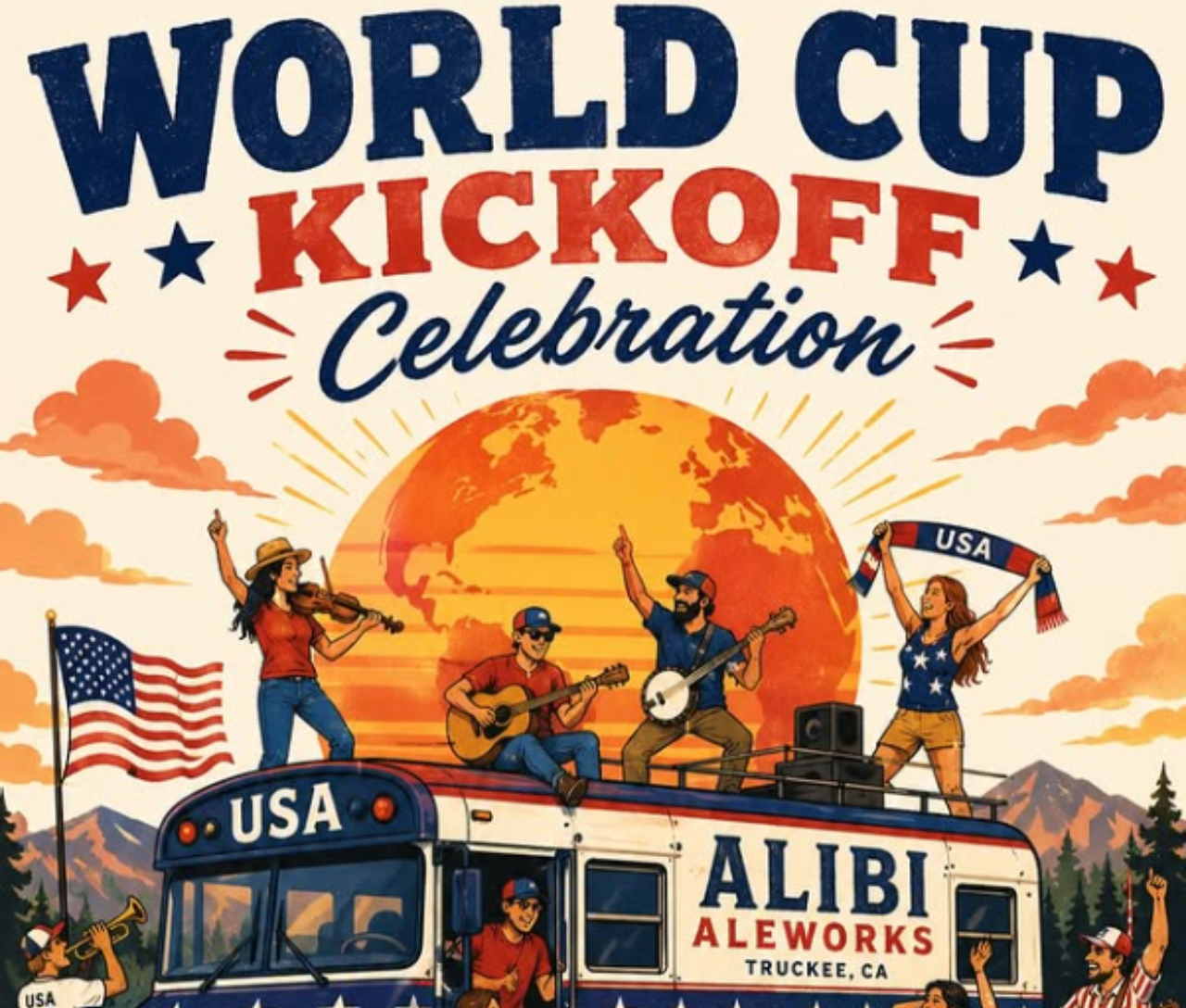 Festival scene with people dancing on a USA bus, sunset backdrop.