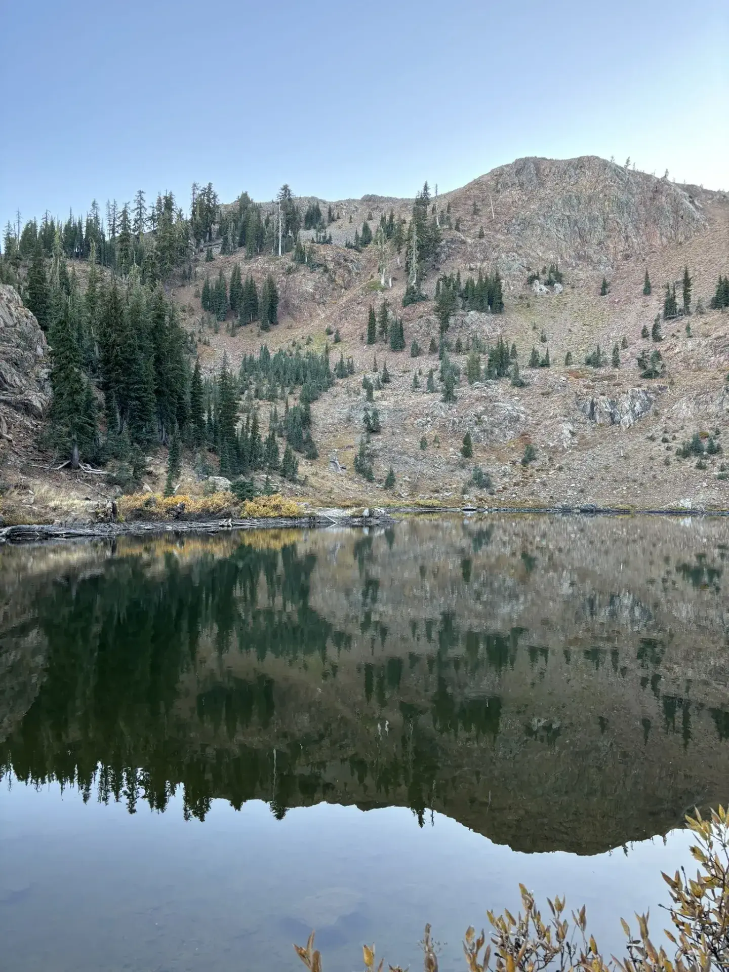 Mountain lake reflecting surrounding hills and trees under a clear sky.