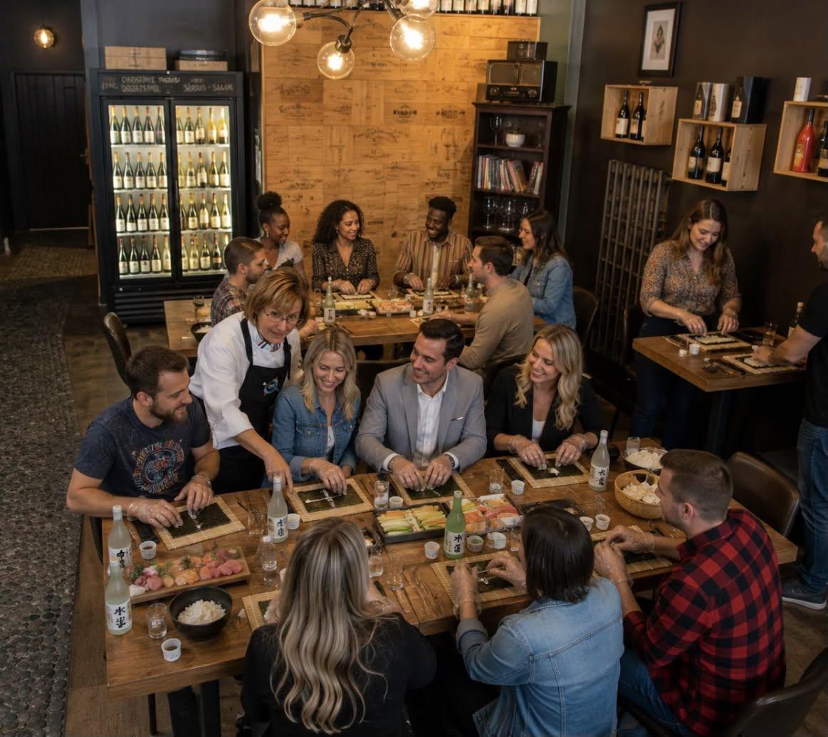Group dining at a restaurant, sharing food and drinks, with a relaxed ambiance.