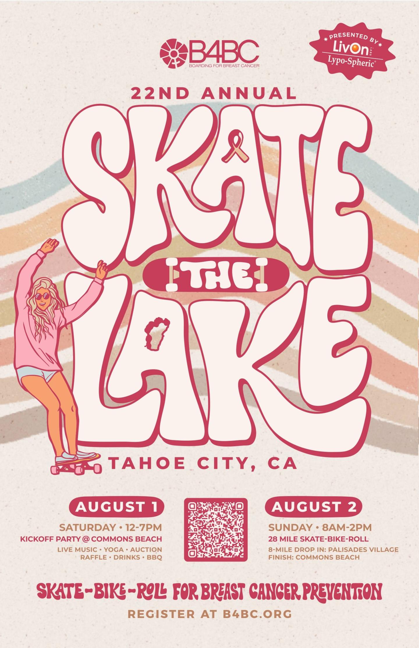 Skate the Lake event poster with colorful text and a skater illustration.