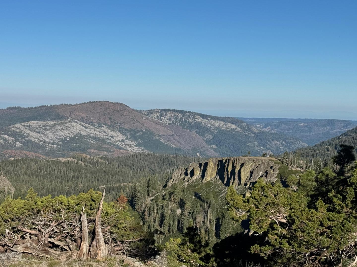 Mountain landscape with trees and clear blue sky.