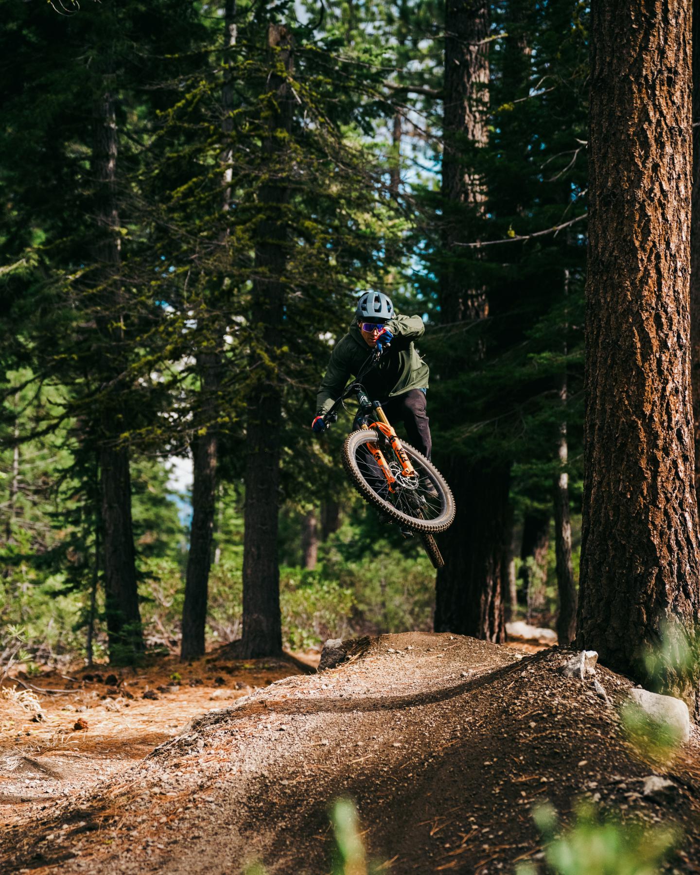 Mountain biker jumping on forest trail.