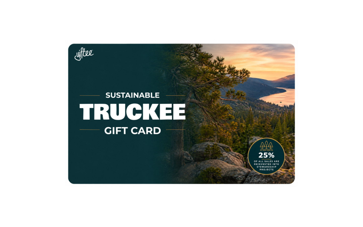 Sustainable Truckee gift card with a scenic mountain and lake view.