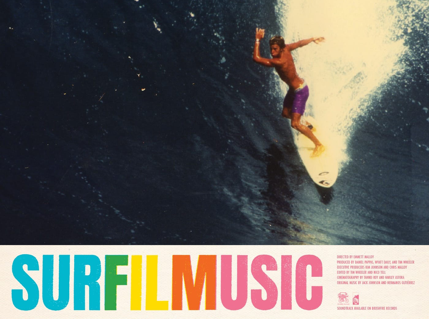 Surfer riding a wave, with colorful "SURFILMUSIC" text below.
