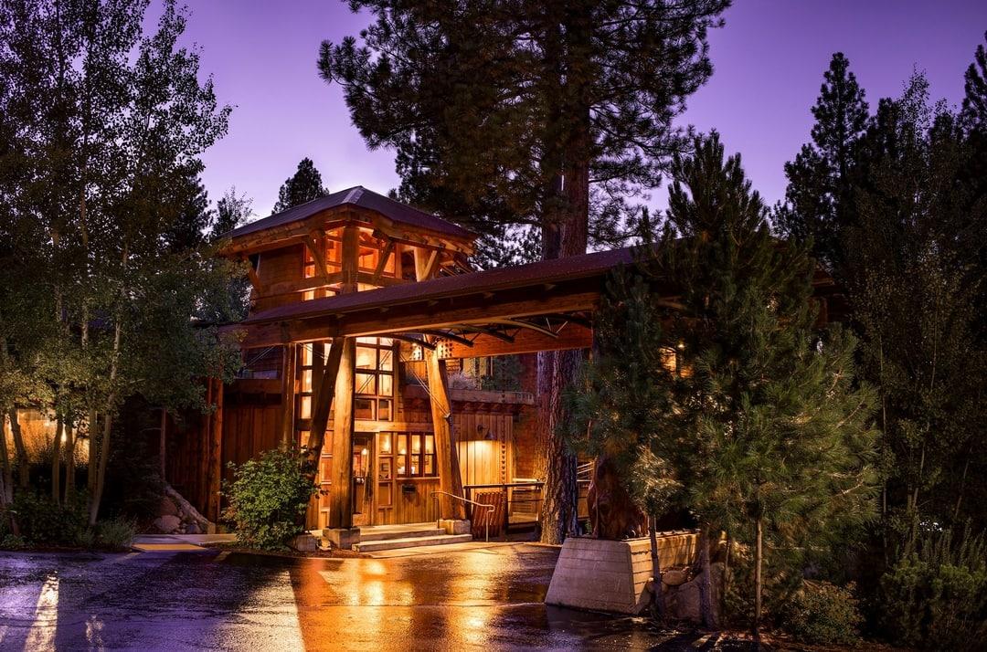 Warmly lit rustic cabin entrance among tall pine trees at dusk.
