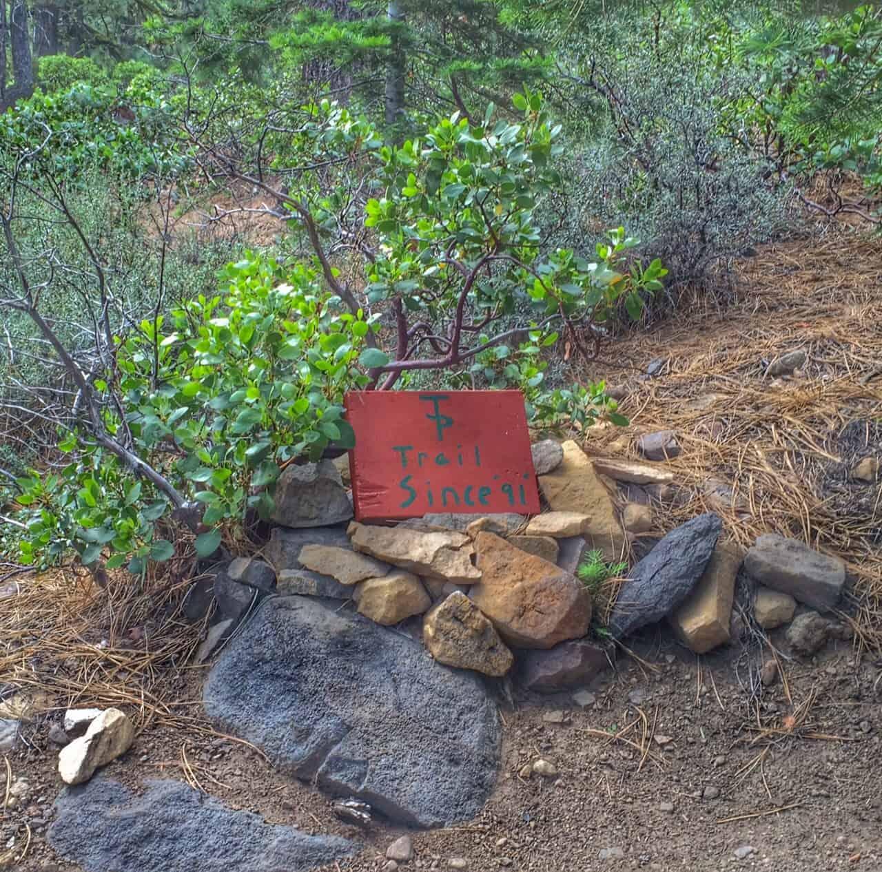 Small red sign reading “Tracy’s Spring” beside rocks and shrubs.