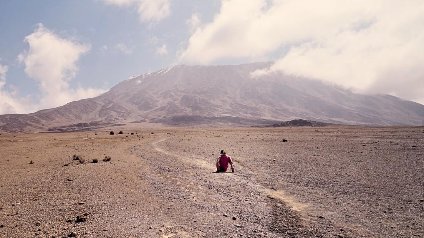 Lone person in red walks across a barren plain beneath a hazy mountain.
