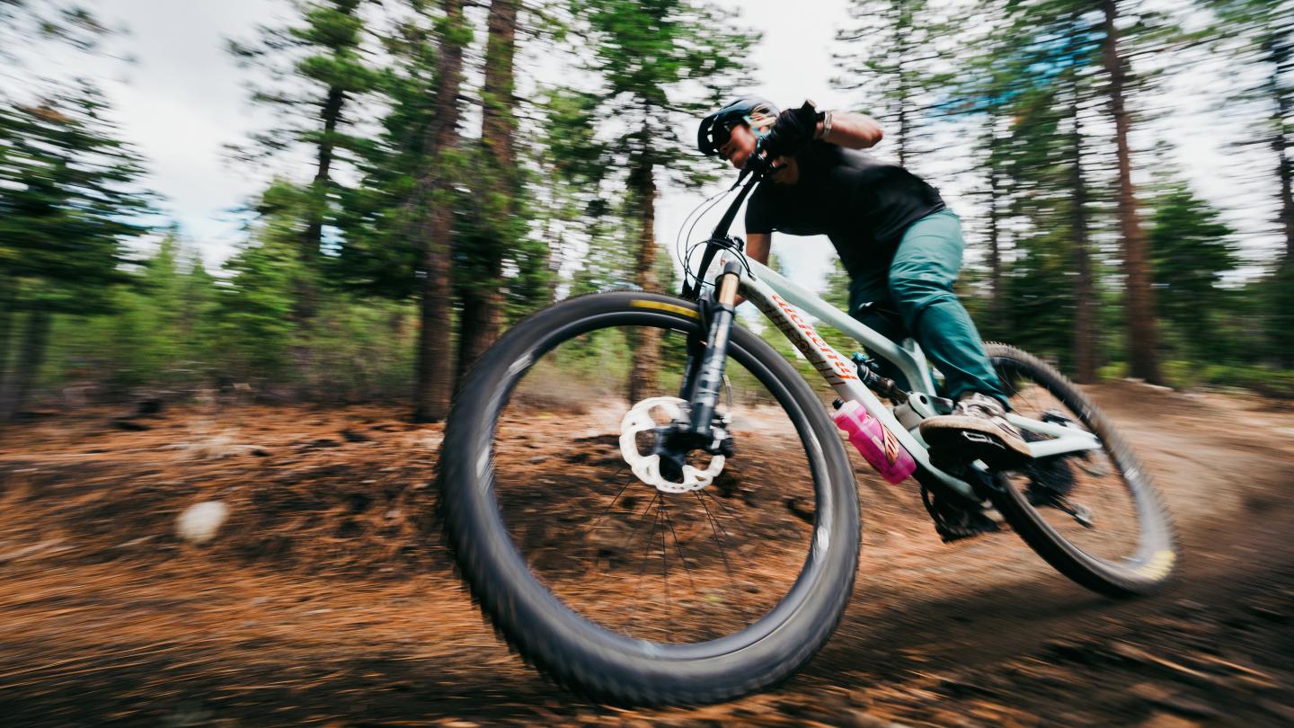 Mountain biker speeding along a forest trail.